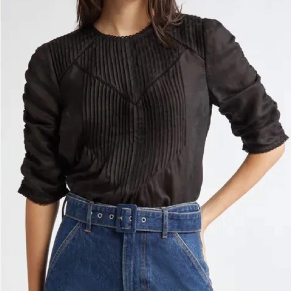 Veronica Beard Bryce Pintuck Ruched Sleeve Top